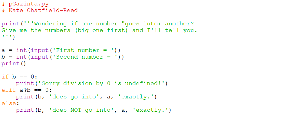 Python code to find out if one number goes into
another.