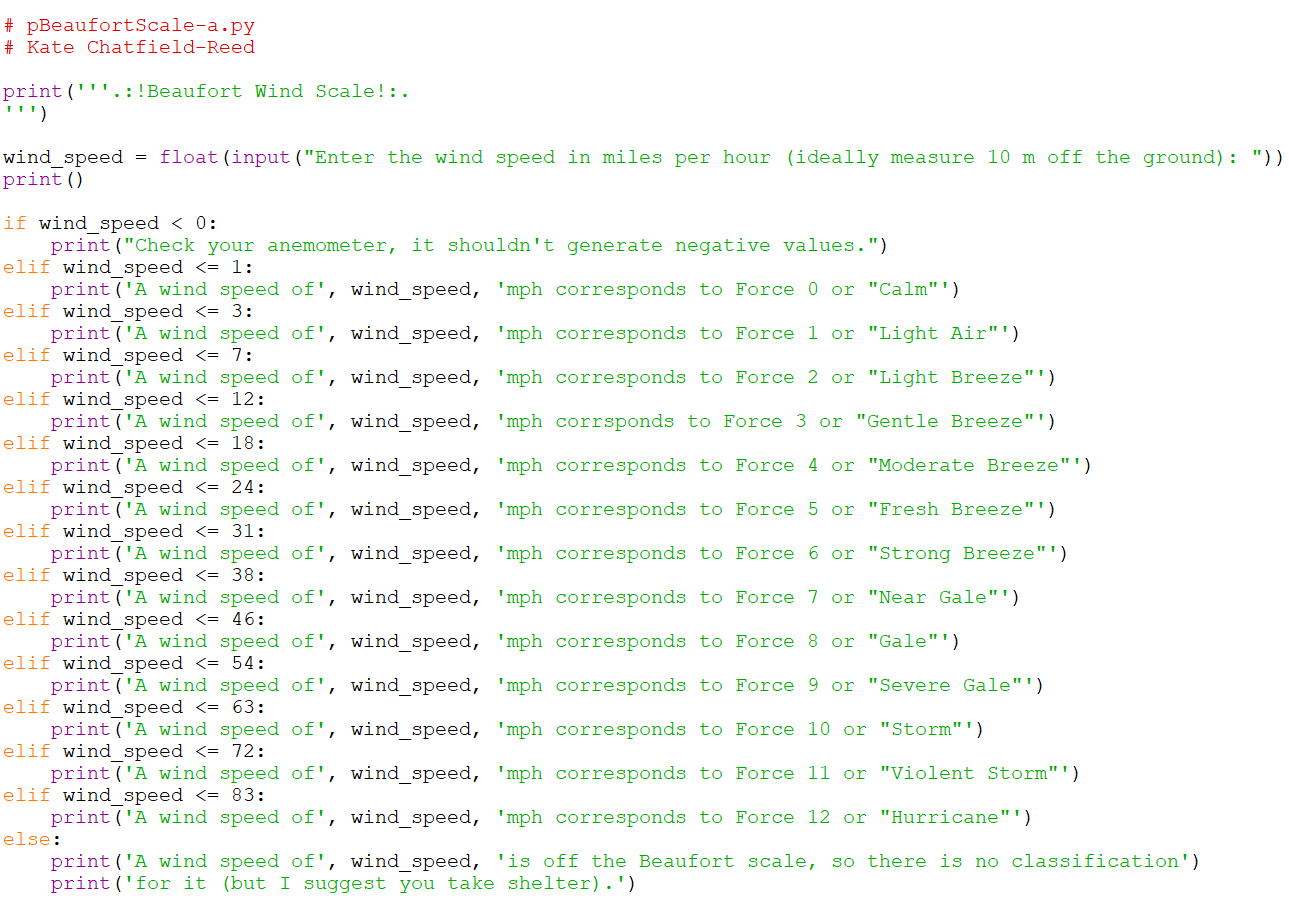 Python code to convert wind speed to the Beaufort WInd Scale version
1.