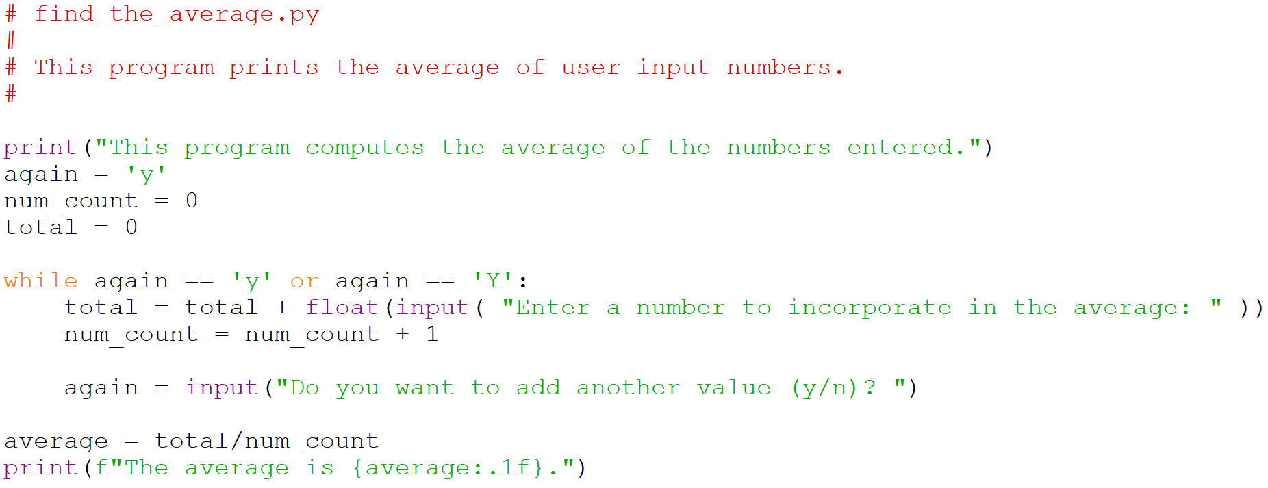 Python program that takes the average of user input
numbers.